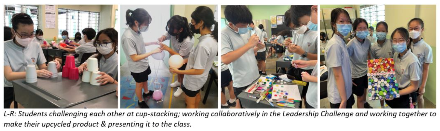 Four photos of masked students doing cup-stacking, a balloon challenge, art activities, and presenting a colorful upcycled board.
